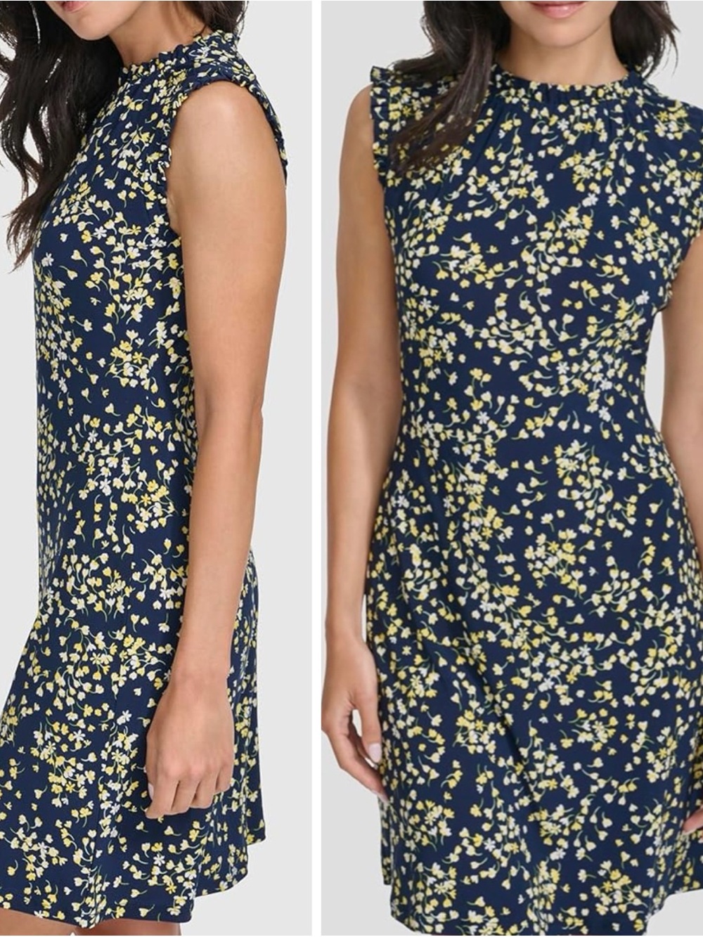 TOMMY HILFIGER Navy Blue & Yellow Floral Ruffle Cap Sleeve & Neck Mini Dress
